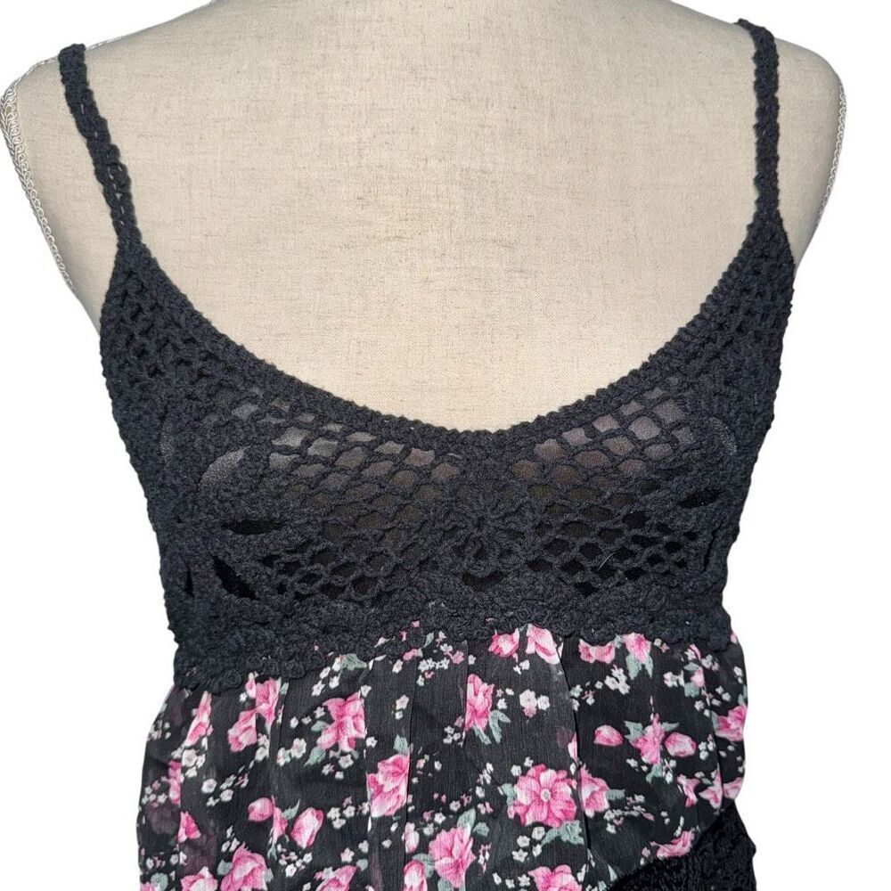 Interi Black spaghetti strap Sleeveless Lace Floral Mini layered fringe Dress L - Picture 4 of 11
